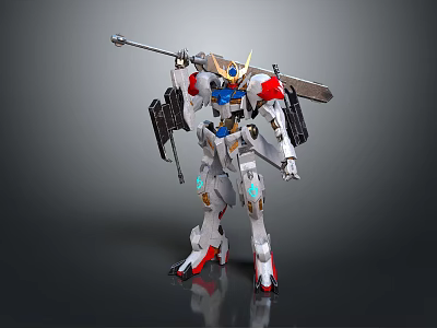 Intelligent Mecha Robot With Spear Sword White Red Blue Gold And Glowing Blue Parts 3d model