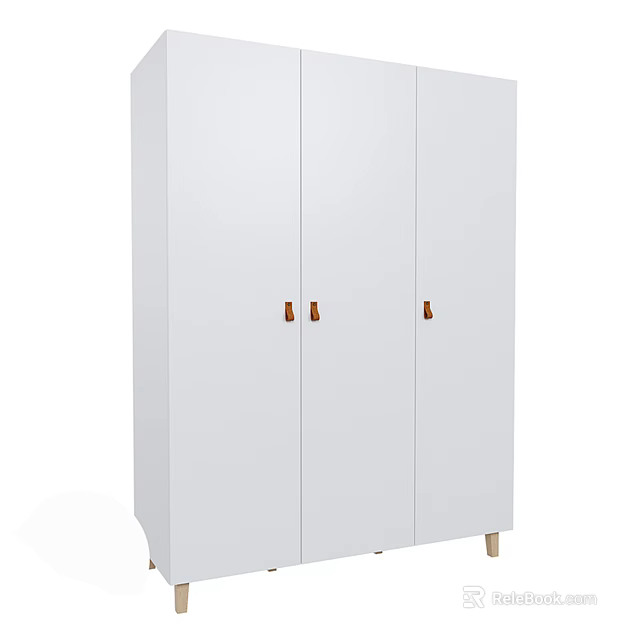 Modern Minimalist White Three Door Wardrobe With Brass Handles And Solid Legs 3d model