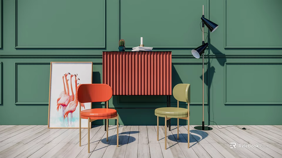 Orange Green Accent Chairs With Green Wall Red Cabinet Flamingo Painting Floor Lamp Wooden Floor 3d model 