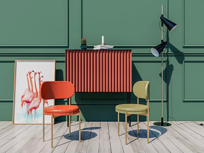 Orange Green Accent Chairs With Green Wall Red Cabinet Flamingo Painting Floor Lamp Wooden Floor 3d model