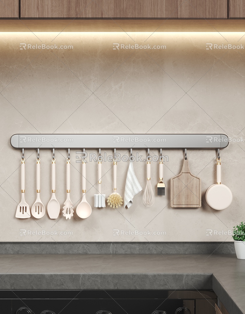 Kitchen Products Pot Egg Beater Brush Hook Shovel Peeling Knife Towel Spoon Dish Cloth Cutting Board Cup Brush Green Plant Kitchenware Combination 3d model