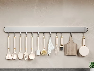 Variety Of Kitchen Utensils Hanging On Wall Mounted Rack 3d model