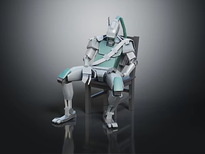 Mechanical Robot Sitting On Dark Chair With Silver Gray And Light Green Metallic Structure 3d model