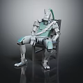 Mechanical Robot Sitting On Dark Chair With Silver Gray And Light Green Metallic Structure