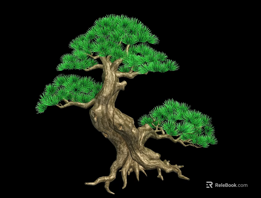 Artistic Bonsai Tree With Green Pine Needles Thick Trunk And Exposed Roots Against Black Background 3d model 