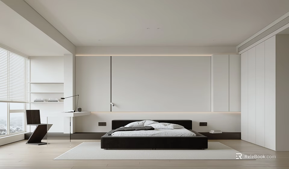 Modern Minimalist Bedroom Interior Design With White Walls King Bed And Wardrobes 3d model 
