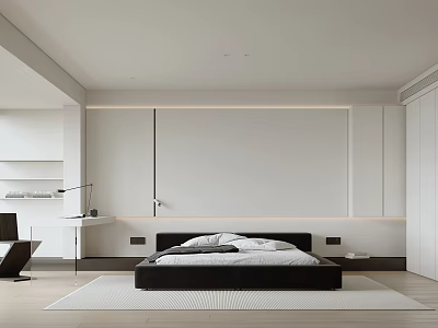Modern Minimalist Bedroom Interior Design With White Walls King Bed And Wardrobes 3d model