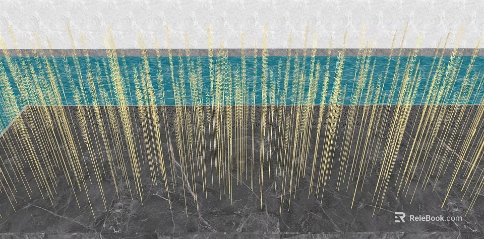 Golden Wheat Ear Shaped Outdoor Lights Arranged On Ground With Blue Water Background 3d model 