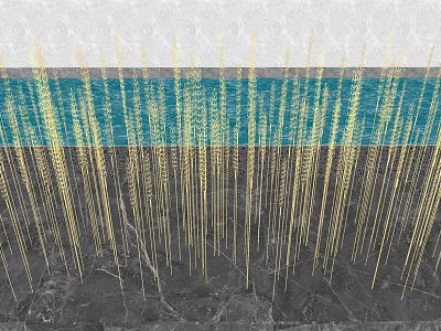 Golden Wheat Ear Shaped Outdoor Lights Arranged On Ground With Blue Water Background 3d model