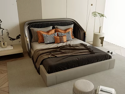 Modern Double Bed Interior With Orange Zebra Print Pillows Dark Blanket And Nightstand 3d model