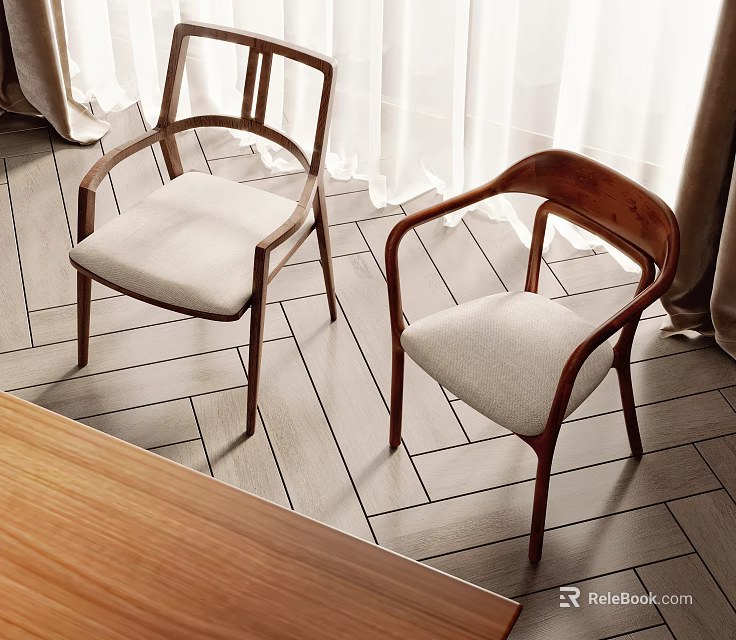 Comfortable Leisure Chair with Wooden Frame and White Cushion in Natural Light Setting 3d model 