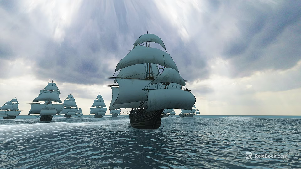 Fleet of Sailing Ships Sailing on Open Ocean Under Dramatic Cloudy Sky with Sunlight 3d model 