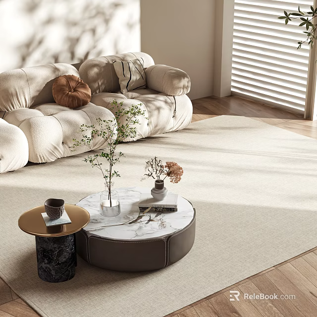 Soft Cream Sofa and Round Marble Coffee Table Set With Side Table Plants and Sunlight 3d model 
