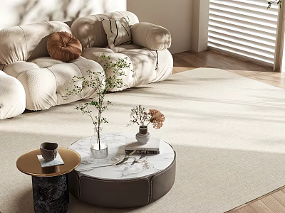 Soft Cream Sofa and Round Marble Coffee Table Set With Side Table Plants and Sunlight 3d model