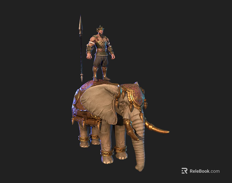 Warrior in Armor with Spear Riding Decorated Elephant with Golden Ornaments 3d model 