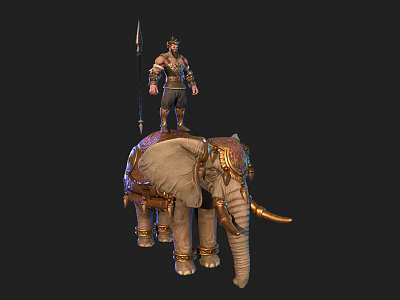 Warrior in Armor with Spear Riding Decorated Elephant with Golden Ornaments 3d model