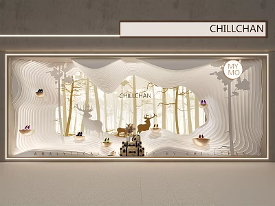 CHILLCHAN Window Display Featuring Wavy White Design Golden Trees Deer Figurines And MY MO Logo 3d model