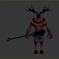Red Skinned Man With Large Antlers Glowing Patterns And Chain Holding Flaming Staff