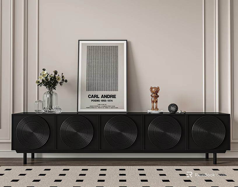 Black TV Stand with Circular Pattern Design Decorated by Poster Vase Sculpture and Dot Rug 3d model 