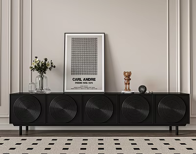 Black TV Stand with Circular Pattern Design Decorated by Poster Vase Sculpture and Dot Rug 3d model