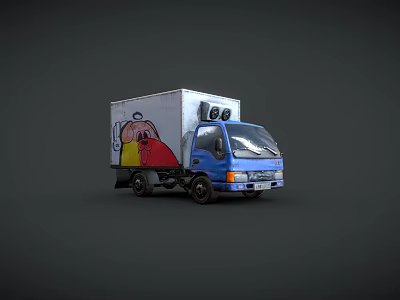 Blue Delivery Truck With White Cargo Box And Cartoon Character Design 3d model