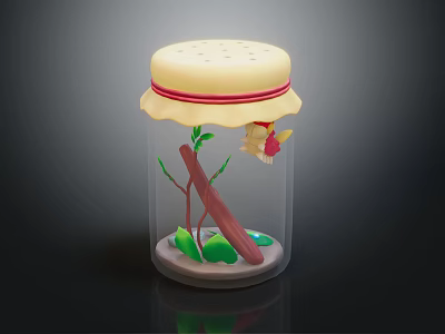 Transparent Glass Jar With Yellow Lid Red Edge Wooden Branch Green Leaves And Sand Decoration 3d model