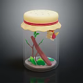 Transparent Glass Jar With Yellow Lid Red Edge Wooden Branch Green Leaves And Sand Decoration