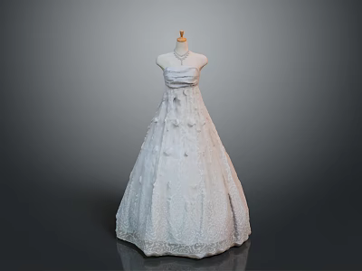 Elegant White Lace Gown With Fluffy Skirt And Decorations On Mannequin 3d model