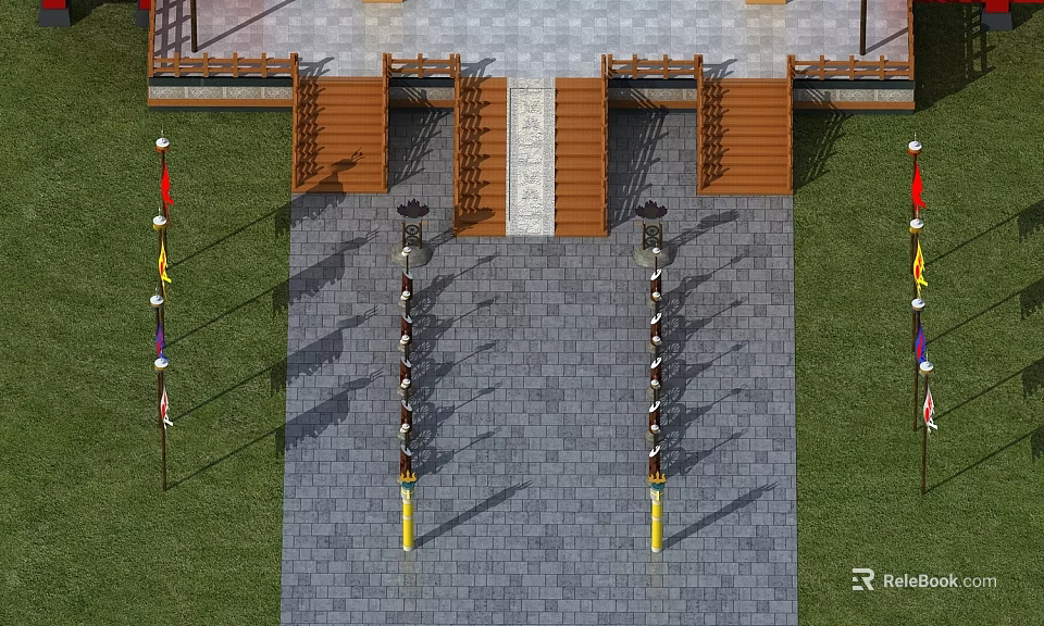 Traditional Chinese Memorial Archway Classic Design With Stone Pavement Flagpoles And Lanterns 3d model 