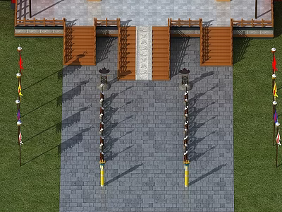 Traditional Chinese Memorial Archway Classic Design With Stone Pavement Flagpoles And Lanterns 3d model