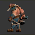 Muscular Warrior Game Character With Spear Blue Arm Guards And Leather Waist Gear