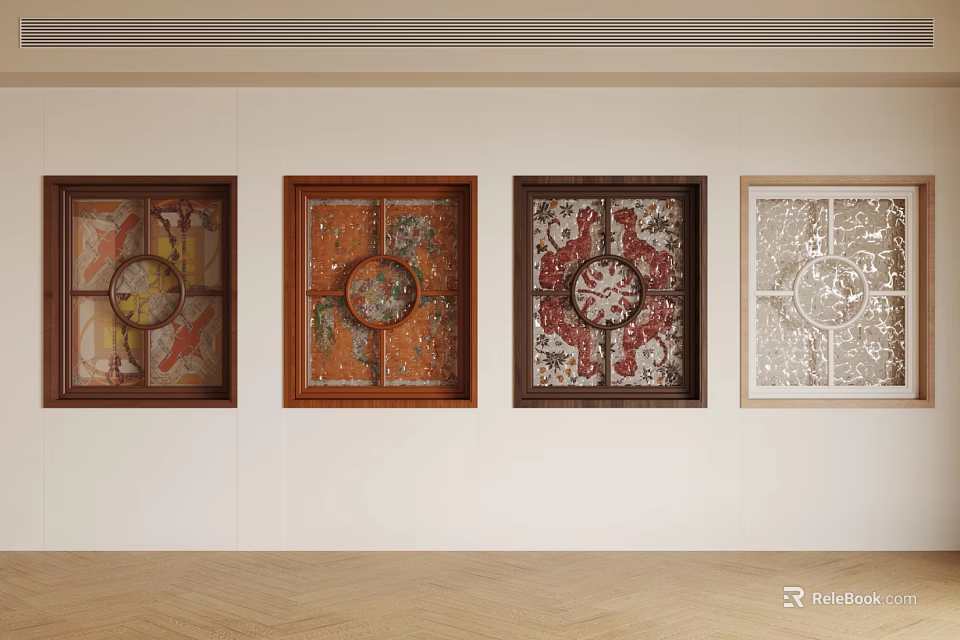 Traditional Carved Windows with Wooden Frames and Various Patterns on White Wall 3d model 