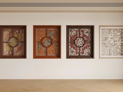 Traditional Carved Windows with Wooden Frames and Various Patterns on White Wall 3d model