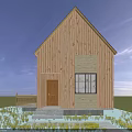 Wooden Cabin With Gabled Roof Front Steps Railing And Wooden Exterior Surrounded By Yellow Flowers