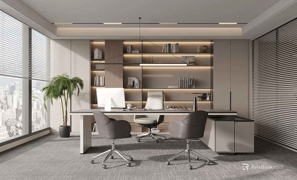 Modern Office Interior Design With Desk Chairs Bookshelves Potted Plant And Window Lighting 3d model 