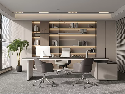 Modern Office Interior Design With Desk Chairs Bookshelves Potted Plant And Window Lighting 3d model