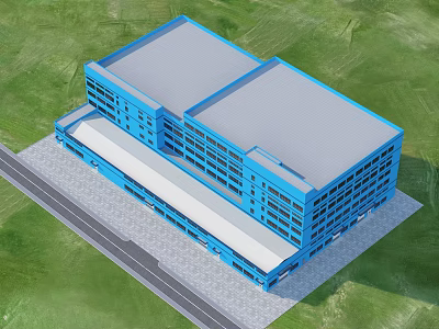 Blue Multi Story Industrial Factory Building With Grey Roof Green Grass And Road 3d model