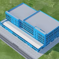 Blue Multi Story Industrial Factory Building With Grey Roof Green Grass And Road