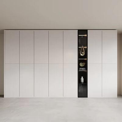 Modern White And Black Wardrobe Design With Vertical Storage Shelves And Display Areas 3d model