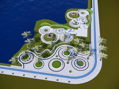 Scenic Park Landscape With Lake Water Area Circular Lawn Features Curved Walkways And Green Trees 3d model