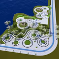 Scenic Park Landscape With Lake Water Area Circular Lawn Features Curved Walkways And Green Trees
