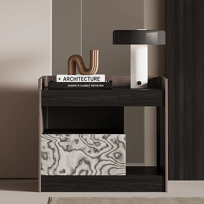 Modern Wooden Nightstand With Architecture Book Table Lamp Decorative Ornament And Storage Box 3d model