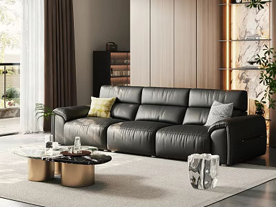 Luxury Modern Black Leather Sectional Sofa In Living Room With Glass Coffee Table Green Plants 3d model