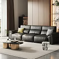 Luxury Modern Black Leather Sectional Sofa In Living Room With Glass Coffee Table Green Plants