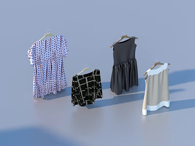 Stylish Women Dresses Hanging On Hangers With Various Patterns And Colors 3d model