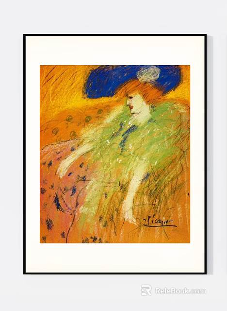 Impressionist Figure Painting Of Female With Blue Hat Green Clothing And Orange Background 3d model 