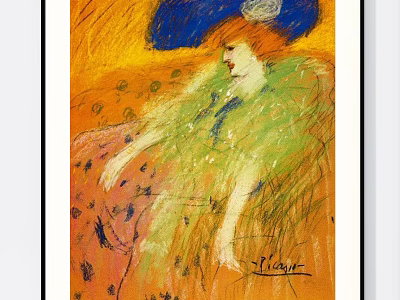 Impressionist Figure Painting Of Female With Blue Hat Green Clothing And Orange Background 3d model