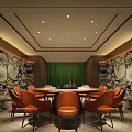 Elegant Private Room Interior With Circular Ceiling Chandelier Round Table And Orange Chairs