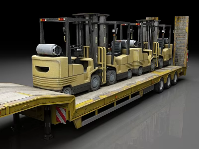 Multiple Yellow Industrial Forklifts Loaded On Heavy Duty Flatbed Trailer For Transport 3d model