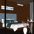 Modern Double Bed in Dark Wooden Wall Background with Blue Tufted Headboard and Abstract Painting
